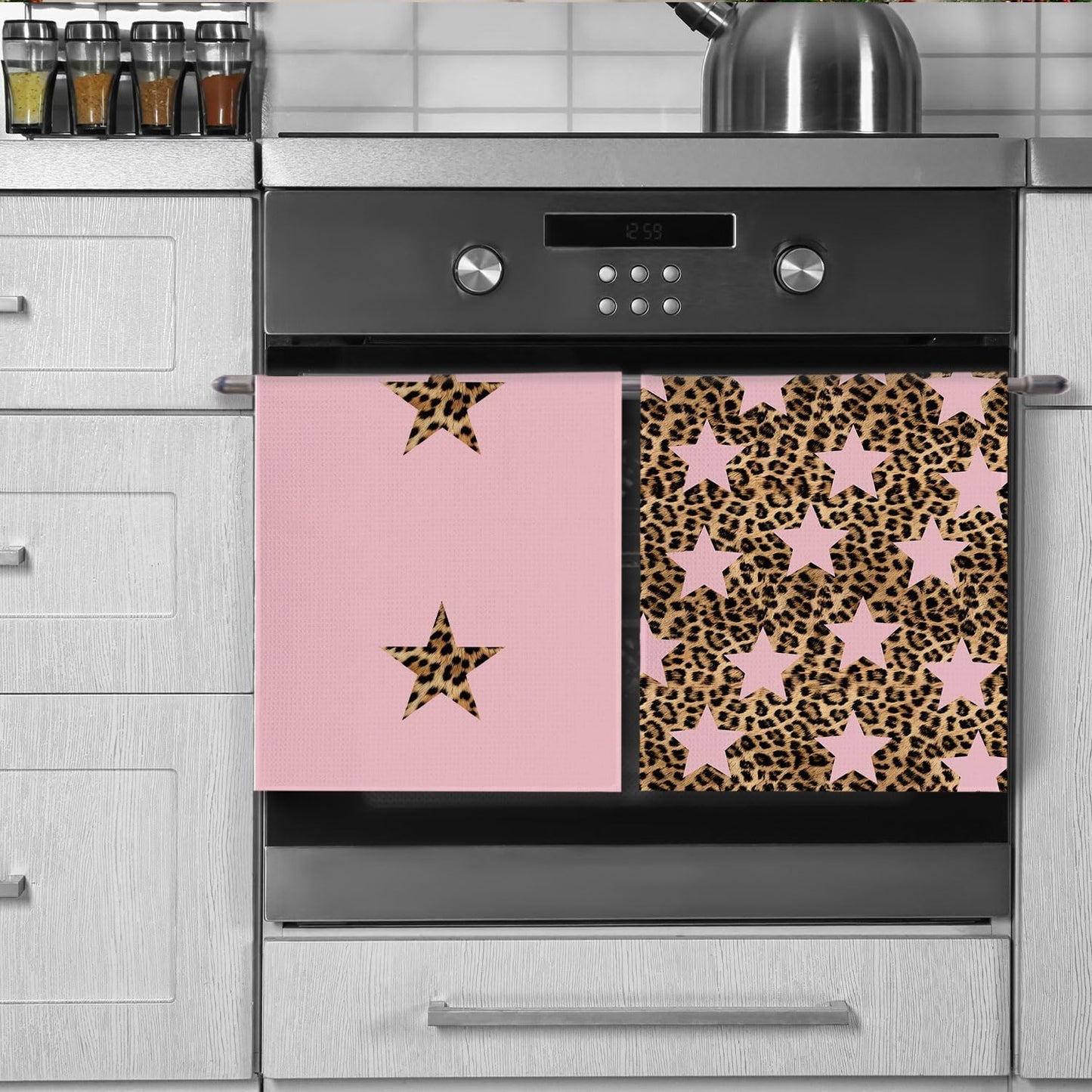Preppy Pink Leopard Star Kitchen Towels Decorative, Trendy Y2K Girly Cheetah Print Hand Towels for Girls Dorm Bathroom Washroom Spa Yoga Room, 16x24 Inch Set of 2