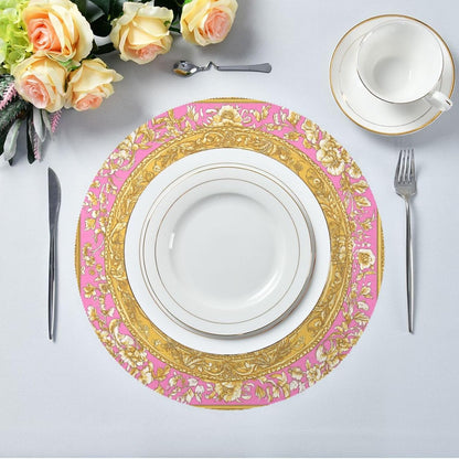 Retro Flower Pattern Gold and Peach Round placemats Cloth Reusable Place mats Washable placemats for Dining Table placemats for Dining Table Farmhouse placemats Heat Resistant Waterproof