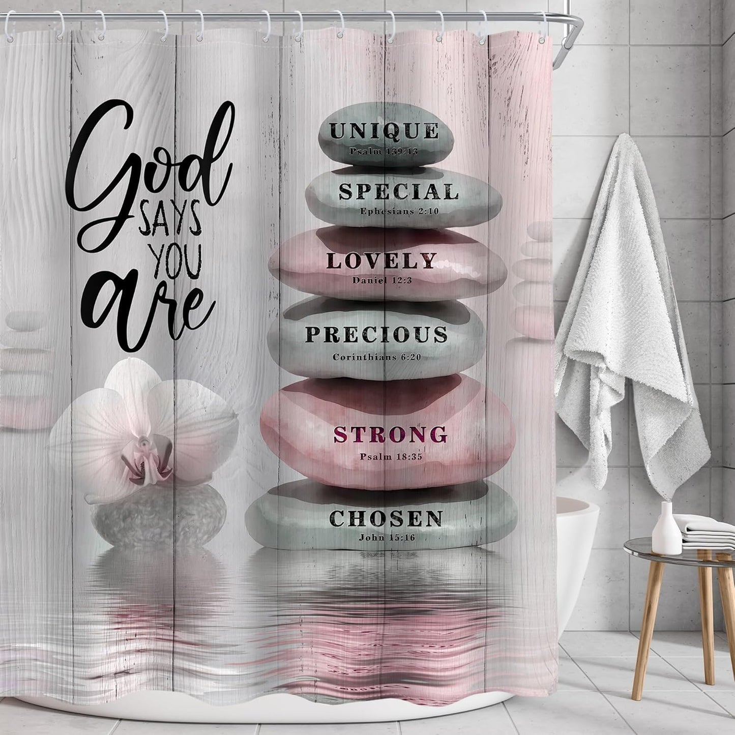 AMBZEK Pink Shower Curtain 60Wx72L Inch Bible Verse Scripture Christian Zen Stone Spa Meditation Relaxing Lotus Peach Blush Cloth Fabric Waterproof Polyester Bathroom Decor Set with 12 Pack Hooks
