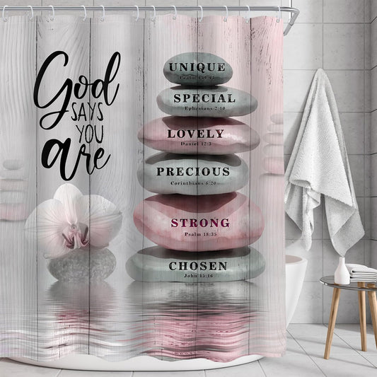 AMBZEK Pink Shower Curtain 60Wx72L Inch Bible Verse Scripture Christian Zen Stone Spa Meditation Relaxing Lotus Peach Blush Cloth Fabric Waterproof Polyester Bathroom Decor Set with 12 Pack Hooks