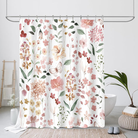 MAYZUS Long Shower Curtain 72 x 78 Inch, Tall Coral Floral Shower Curtain for Bathroom, Watercolor Flower Butterfly Fabric Shower Curtain Set with Hooks, Coral Pink, Peach