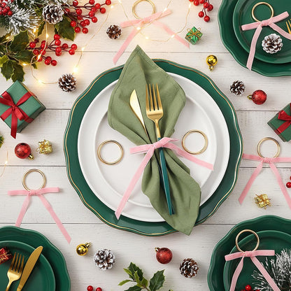 Riceshoot 6 Pcs Bow Napkin Rings Velvet Bows with Gold Rotundity Metal Napkin Ring Velvet Bow Holder for Table Settings Wine Bottles Candlestick Wedding Party Dinner (Pink)