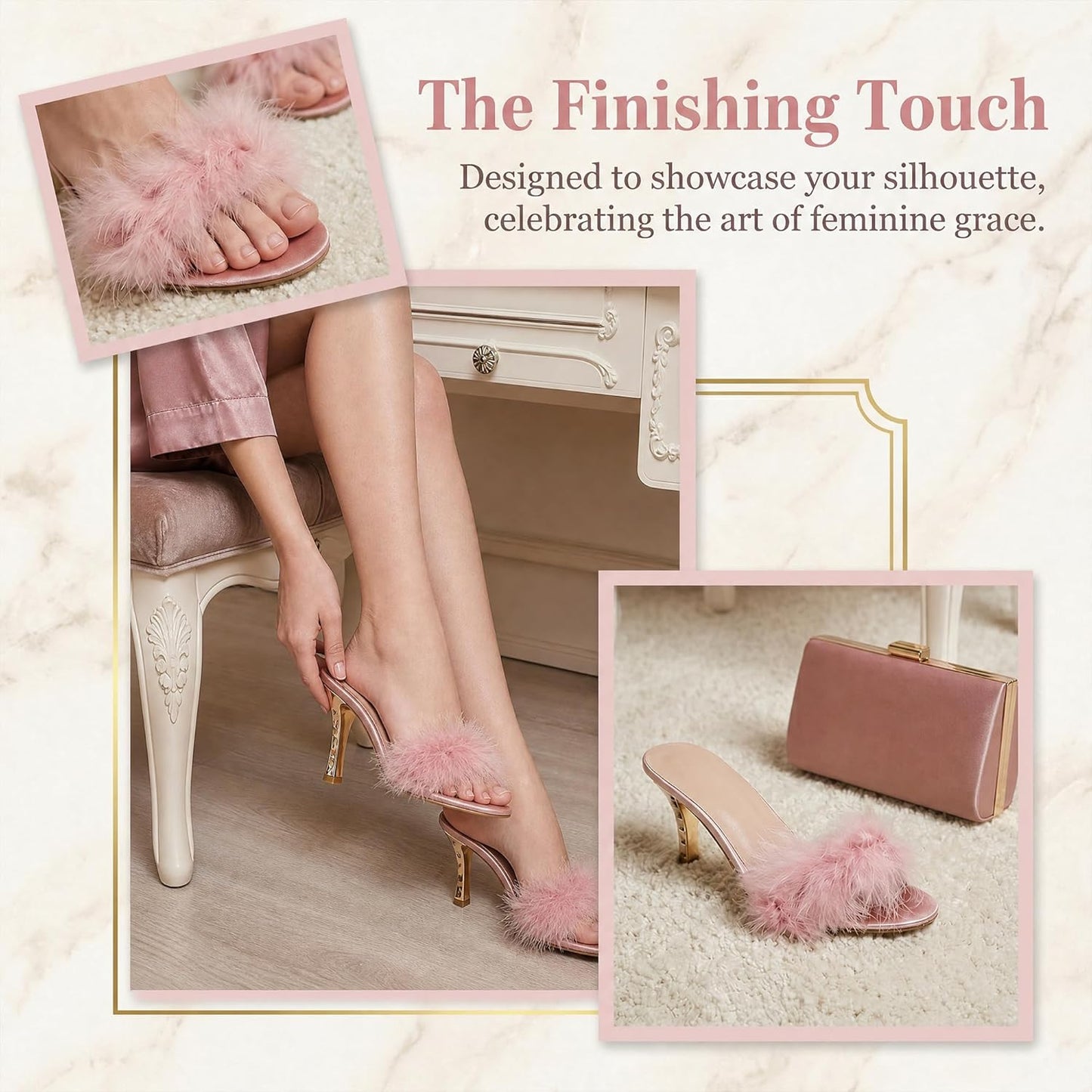 YIBLBOX Women's Round Toe Sandal Fluffy Feather Sexy Slippers Kitten Heeled Slippers for Lingerie Wedding Evening