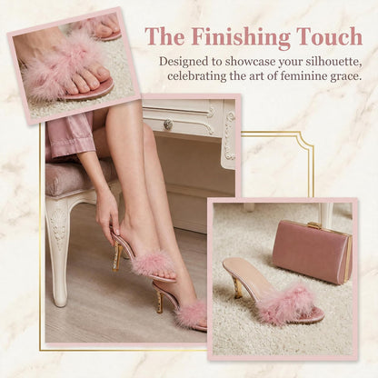 YIBLBOX Women's Round Toe Sandal Fluffy Feather Sexy Slippers Kitten Heeled Slippers for Lingerie Wedding Evening