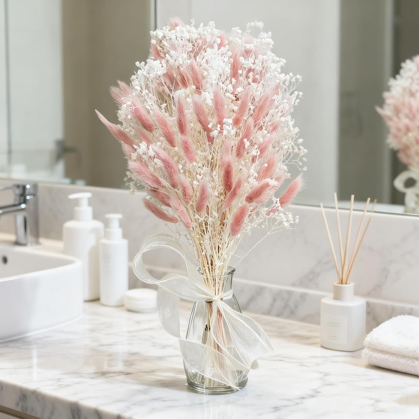 Bunny Tails Dried Flowers Bouquet Fluffy Nature Pampas Grass with Baby Breath Flowers Artificial Flower for Table Bookshelf Home Festival Hobo Wedding Decor (Pink)