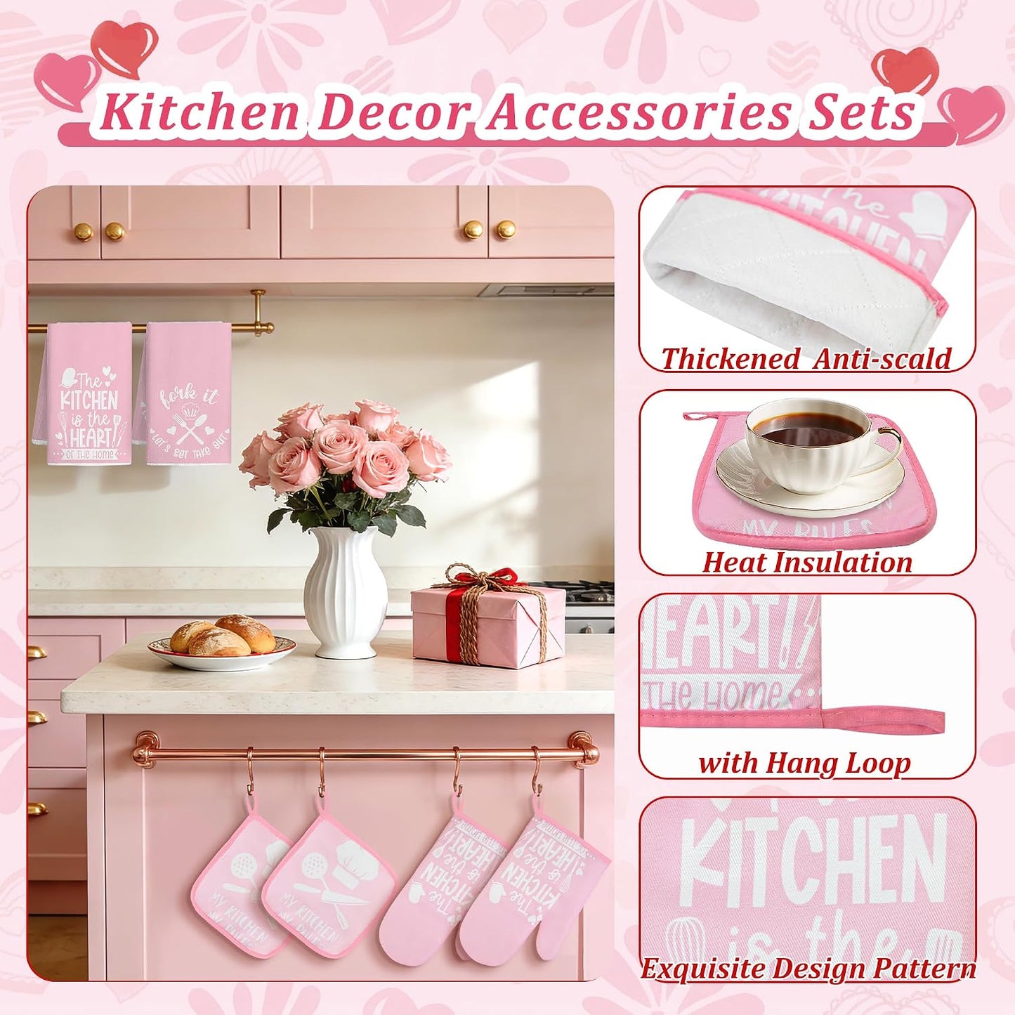 8 Pcs Pink Kitchen Decor Set 4 Pink Kitchen Dish Towels 2 Oven Mitt 2 Pot Holders for Kitchens Cooking Baking Spring Decoration Farmhouse Housewarming Accessories