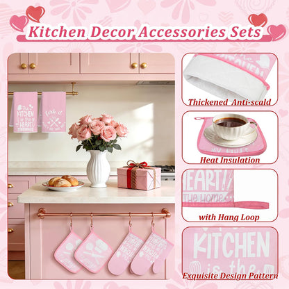 8 Pcs Pink Kitchen Decor Set 4 Pink Kitchen Dish Towels 2 Oven Mitt 2 Pot Holders for Kitchens Cooking Baking Spring Decoration Farmhouse Housewarming Accessories