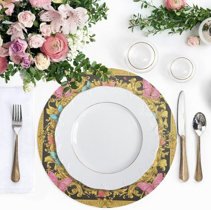 Retro Butterflies Pattern Gold and Peach Place mat Round Reusable placemats Washable Cloth placemats Plates mats Waterproof Table Runner placemats 6 for Non Slip 15.4x15.4in