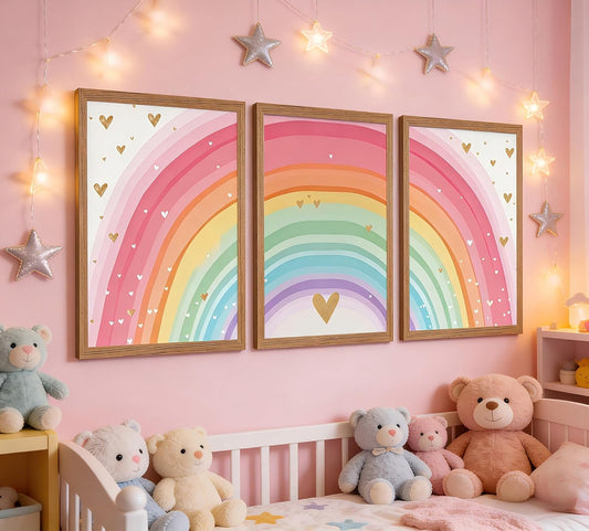 Set of 3 Framed Pastel Rainbow Wall Art, Boho Watercolor Nursery Decor Painting, Pink Nursery Posters Print for Girls Room Kids Bedroom Playroom (Wood Framed, 16x24 Inches)