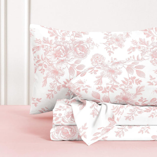 Wake In Cloud - Floral Bed Sheets, 4-Piece Sheet Set, Shabby Chic Cottagecore Coquette Style with Vintage Flower Pattern Printed Bedding, Deep Pocket, Pink White, Full Size