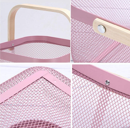 AJIODA Metal Mesh Steel Basket, Storage Organizer Basket Multi-functional Hanging Kitchen Baskets Fruit Basket Bin with Bamboo Handle for Kitchen Bathroom Picnic Shopping Decor Cabinet Home, Pink