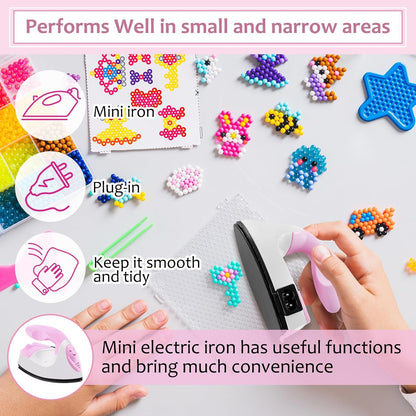 Honoson Mini Craft Iron Mini Heat Press Small Iron 3.93 x 2.36 x 2.76 in Portable Handy Tiny Flatiron with Charging Base Accessory for Fuse Bead Patch DIY Heat Transfer Vinyl(Light Pink,White)