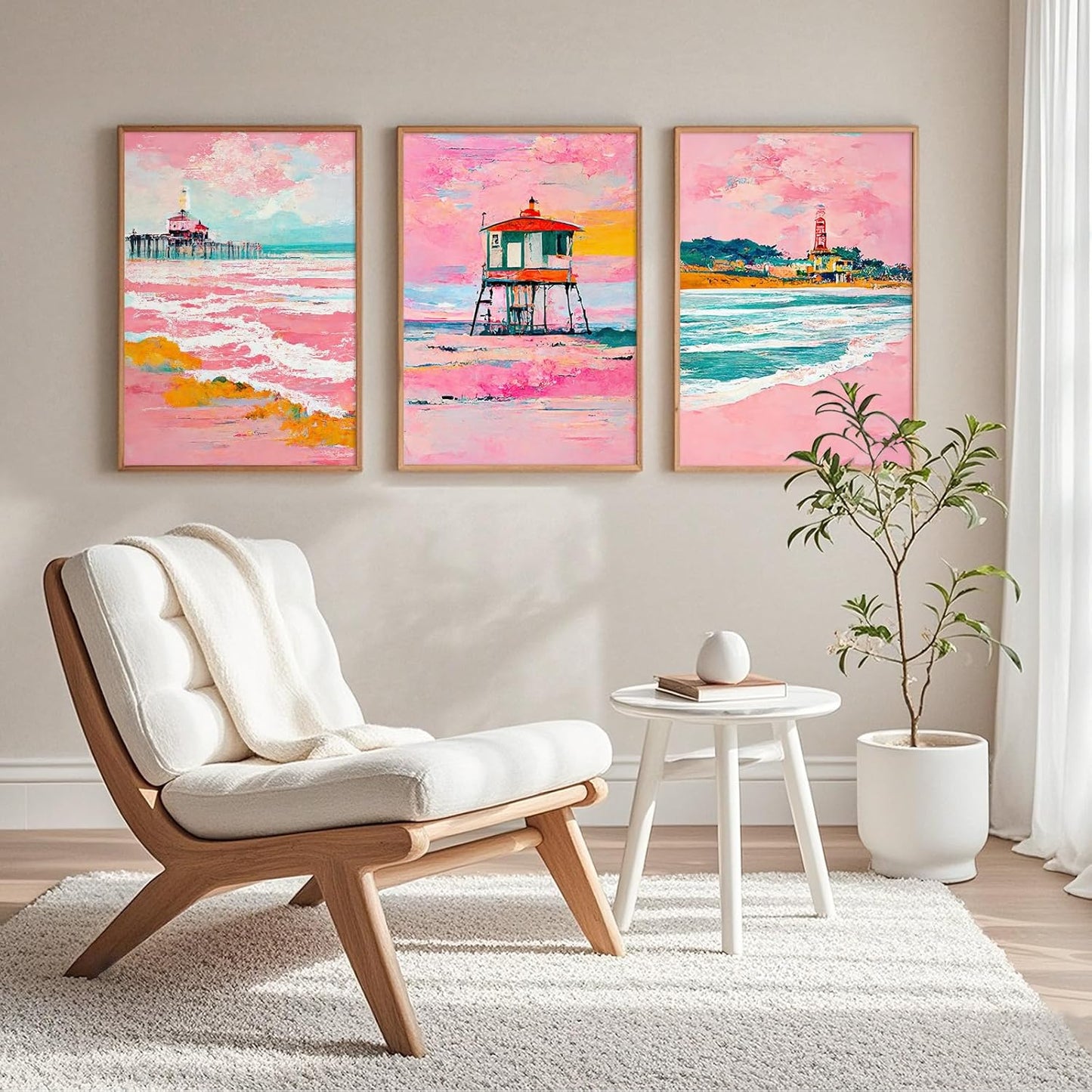 Beach Boho Wall Art Prints Set of 3 Preppy Coastal Wall Decor Pictures Pink Beach Canvas Wall Decor Art Pastel Surf Art Lighthouse Poster Coastal Artwork for Living Room Bedroom 16x24 Inch Unframed