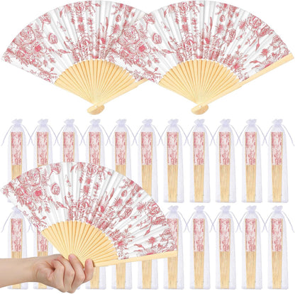 Vercraft 25 Sets Pink Flower Hand Folding Fans with Organza Bags Bulk, Guests Pink Floral Paper Fans Wedding Favors Decorations for Bridal Shower Garden Wedding Bridesmaid Party Gift