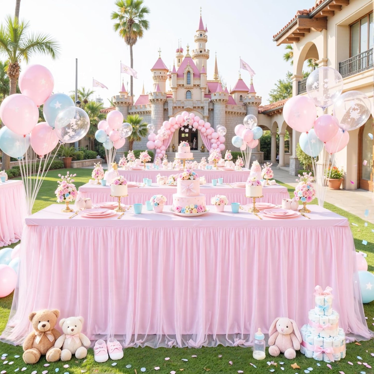 Pink Tablecloths for 6 Foot Rectangle Tables Tulle Tablecloth Fitted Pink Table Cloth Rectangle 6ft Stretch Spandex Table Covers for Baby Shower Girls Birthday Party Wedding Banquet Desk Tables Skirt