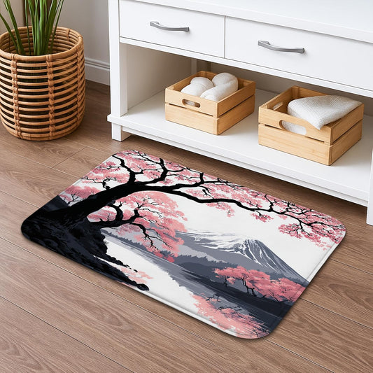 Cherries Blossom Art Quick Dry Bath Mat, Elegant Peach Floral Non Slip Shower Mat, Spring Memory Foam Washable Bath Rugs for Bathroom Toilet Restroom Decorative 20x32 Inch