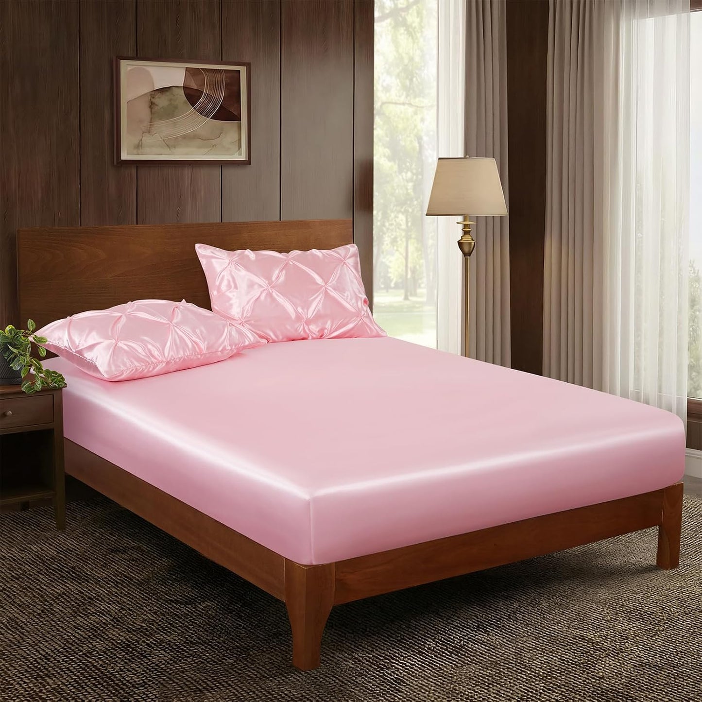 P Pothuiny 3-Piece Set Pintuck Satin Pillowcases & Queen Fitted Sheet, Blush Pink Satin Sheet Silky Soft Luxury Romantic Pinch Pleated Bedding Bedroom Dorm Decor, 15 Inch Deep Pocket