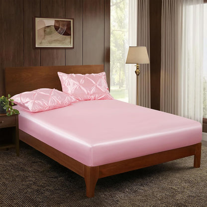 P Pothuiny 3-Piece Set Pintuck Satin Pillowcases & Queen Fitted Sheet, Blush Pink Satin Sheet Silky Soft Luxury Romantic Pinch Pleated Bedding Bedroom Dorm Decor, 15 Inch Deep Pocket