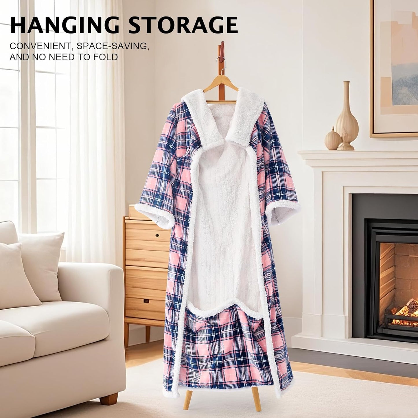 Electric Heated Blanket Wearable Throw with Foot Pocket & Front Pouch – 6 Heat Settings, 4H Auto-Off, Reversible Flannel & Sherpa, Oversized 52"x72" Heated Blanket for Bed or Couch, Pink Plaid