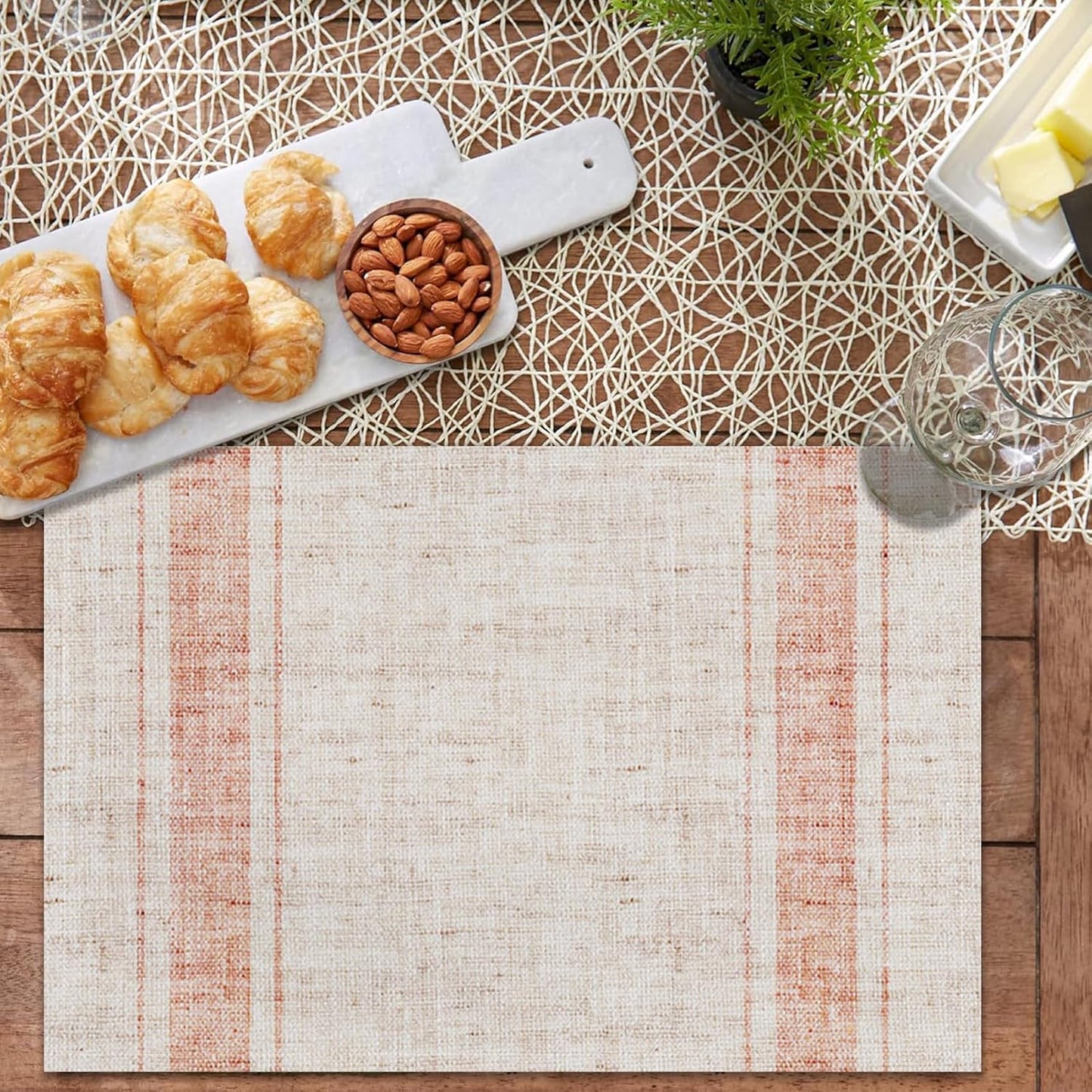Modern Minimalist Line Decorative Placemats Set of 4 Heat-Resistant Non-Slip Kitchen Table Mats Khaki Woven Rectangle Placemats for Dining Table 18"x12" Washable, Pink Stripe