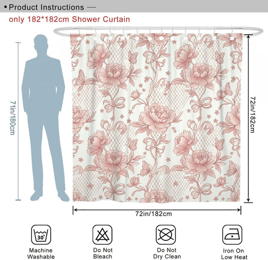 Peony Shower Curtain, Vintage Romantic Butterfly Bow Spring Peach Waterproof Fabric Design Print Bath Curtains for Home Bathroom Toile Hotel Decor 72x72 Inch