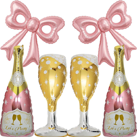 6 Pcs Pink Bow Balloons, Huge Rose Gold Champagne Bottle Goblet Aluminum Foil Balloons for Birthday, Bachelorette, Bridal Shower, Wedding, Anniversary, Engagement Party Decorations Supplies