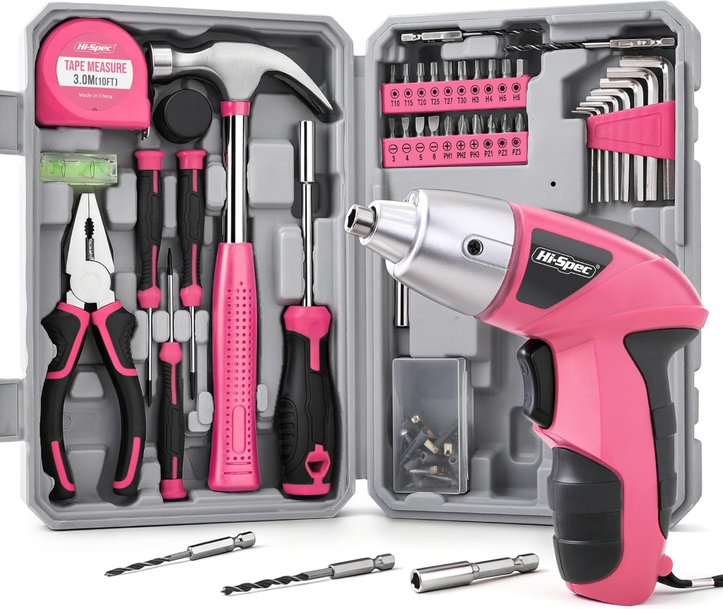 Hi-Spec 4V Electric Ladies Screwdriver Tool Kit Set. Cordless USB Rechargeable Screwdriver with Home Repair Tools. 42pc Compact Portable Case, DIY Kit for Women and the Household - Pink