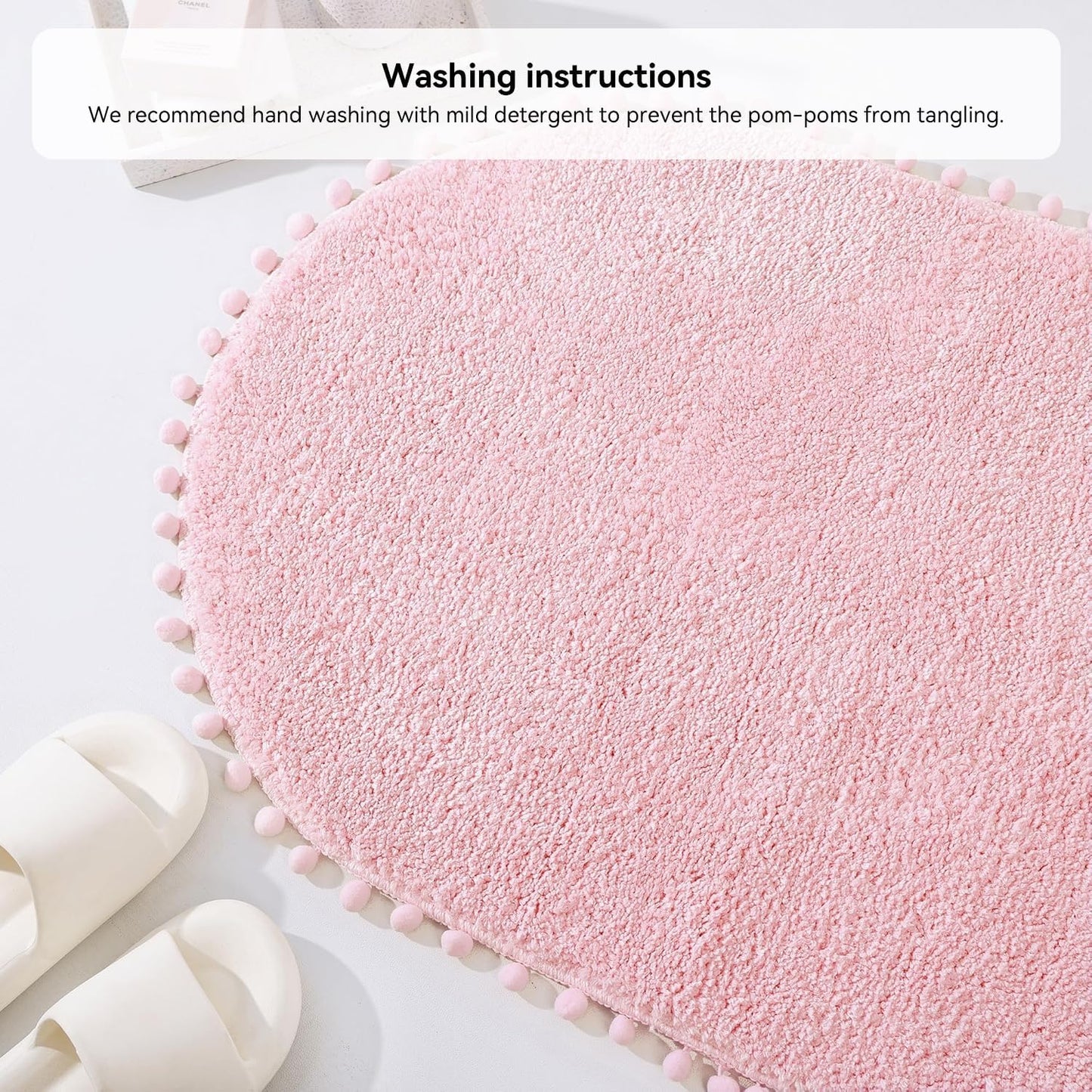 YIRDDEO Bath Mat Pink Rug with Pom Oval Bathroom Rugs for Bedroom Non Slip Cute Boho Absorbent Mats Soft Plush Washable Rug (24x36 inches)