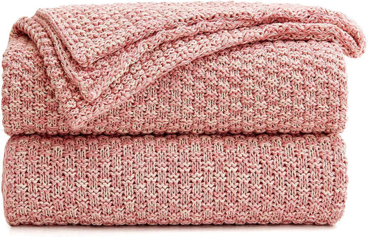 Longhui bedding 100% Cotton Knitted Throw Blanket – Pink, Soft & Cozy, Machine Washable, 60"x80" – Perfect for Living Room, Couch, Sofa, Bed or Travel