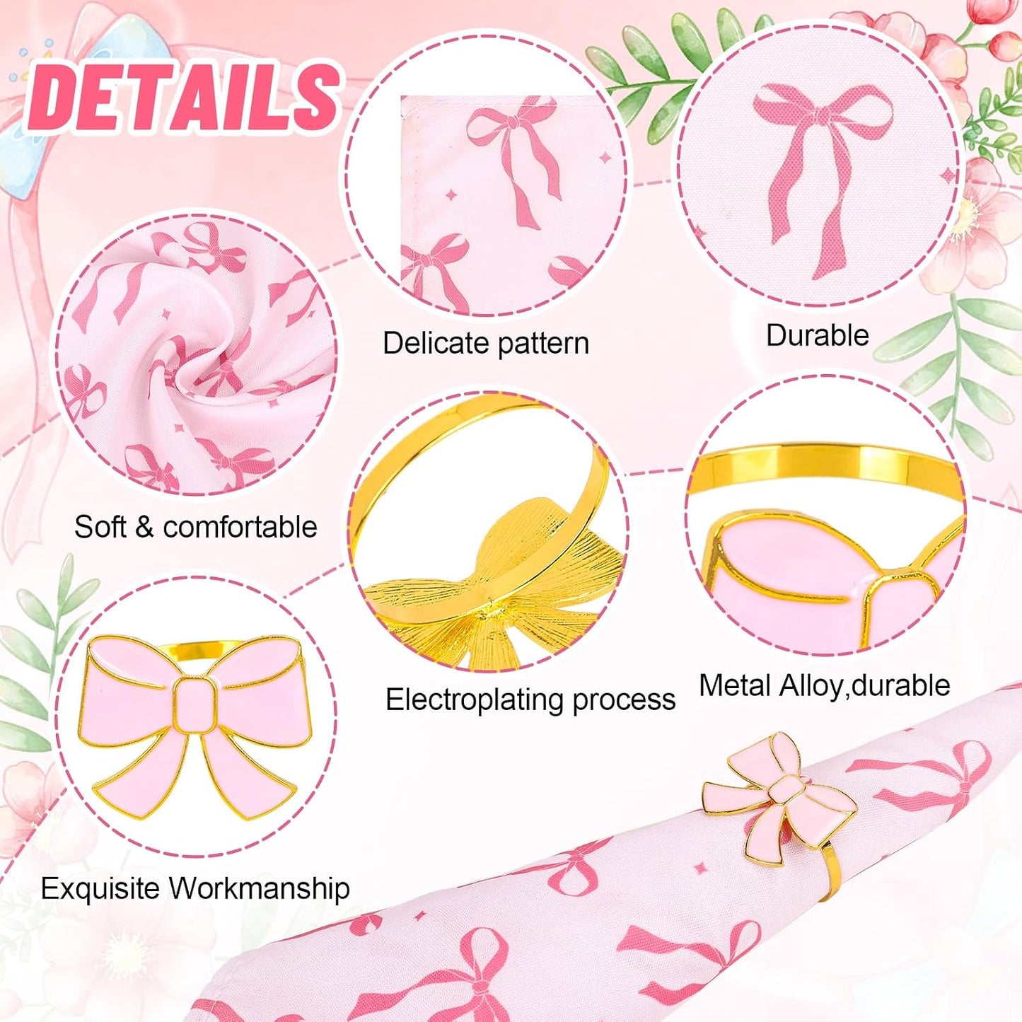 FYSUIMU 16 Pcs Pink Bow Napkins and Napkin Ring Set Coquette Bow Cloth Napkins and Bowknot Metal Ring Holders for Birthday Baby Shower Bachelorette Valentine's Day Party Table Decoration