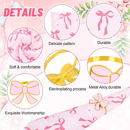 FYSUIMU 16 Pcs Pink Bow Napkins and Napkin Ring Set Coquette Bow Cloth Napkins and Bowknot Metal Ring Holders for Birthday Baby Shower Bachelorette Valentine's Day Party Table Decoration