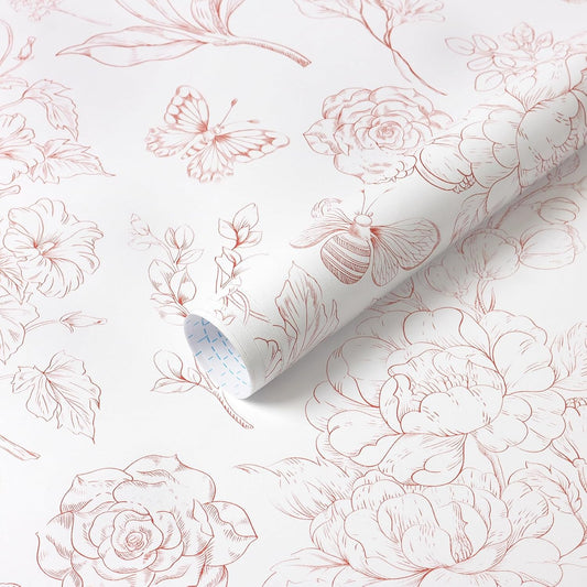 CiCiwind Floral Peel and Stick Wallpaper Pink and White Contact Paper Boho Wall Paper Modern Removable Self Adhesive Butterfly Wallpaper for Bedroom Bathroom Cabinets 17.3"×78.7"