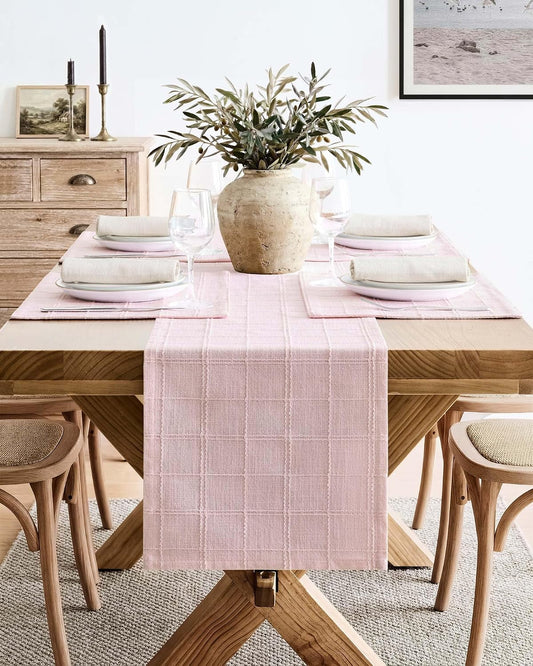 ZeeMart Linen Checked Farmhouse Table Runner, 13x72 Inches Pink | Raised Grid Design, Rich Woven Texture, Linen Blend Table Runners 72 Inches Long, Machine Washable, Boho Home Kitchen Decor