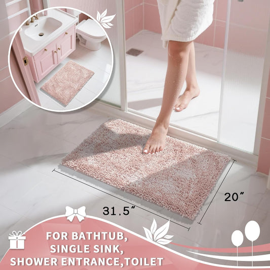 Yimobra Chenille Bathroom Rugs Non Slip, Extra Thick Soft Absorbent Bath Rug 31.5x20 Inch, Machine Washable Quick Dry Bath Mat for Bathroom Floor, Tub and Shower, Home Decor Accessories, Pink