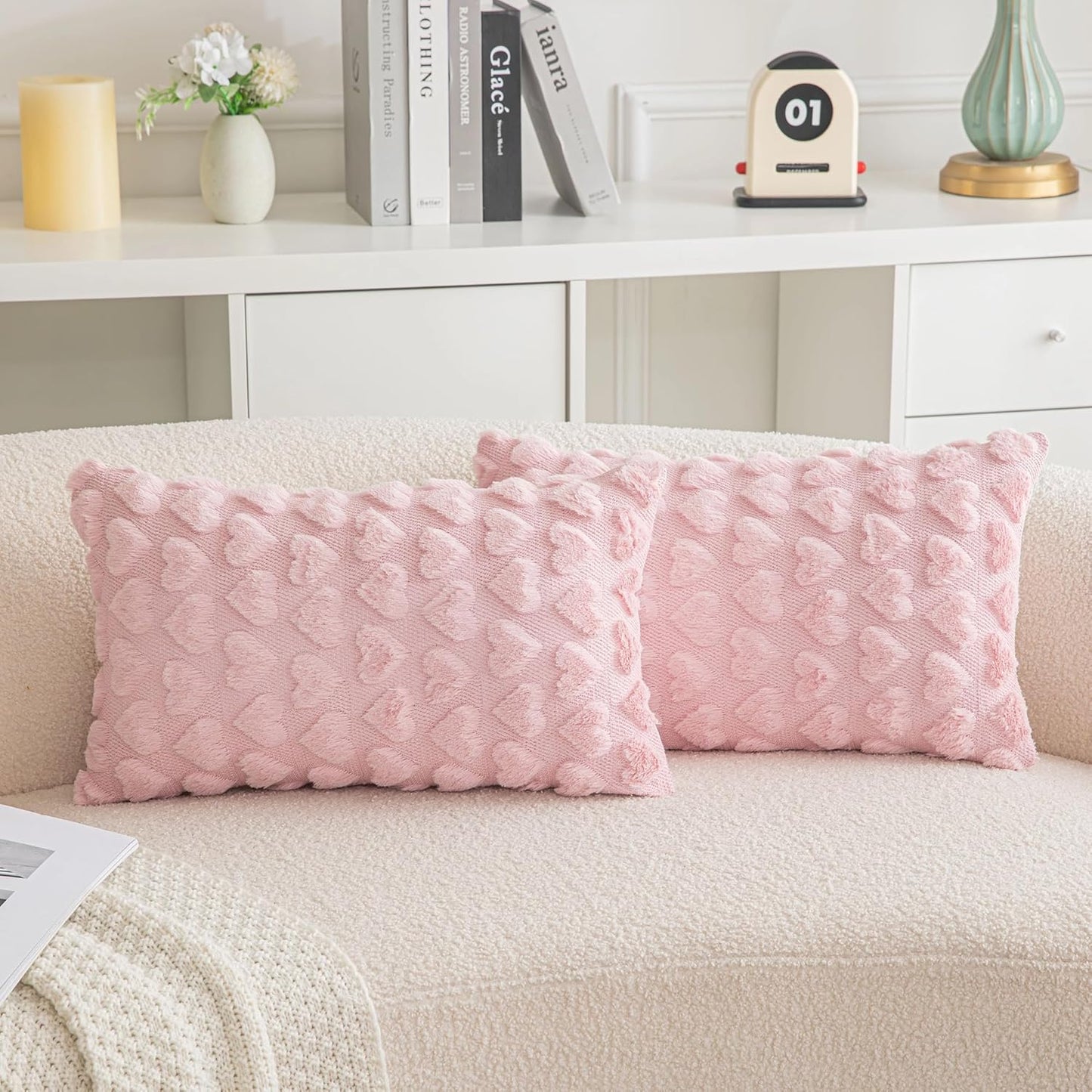 AQOTHES Set of 2 Heart Love Cute Pink Decorative Valentines Throw Pillow Covers 12x20, Soft Plush Faux Fur Pillow Covers for Couch Sofa Home Valentines Day Decoration