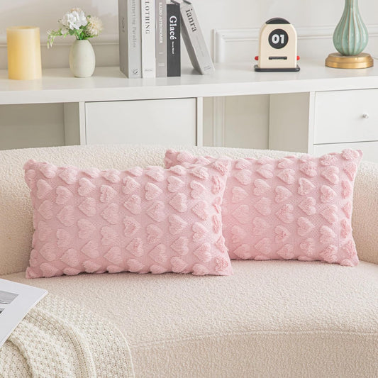 AQOTHES Set of 2 Heart Love Cute Pink Decorative Valentines Throw Pillow Covers 12x20, Soft Plush Faux Fur Pillow Covers for Couch Sofa Home Valentines Day Decoration