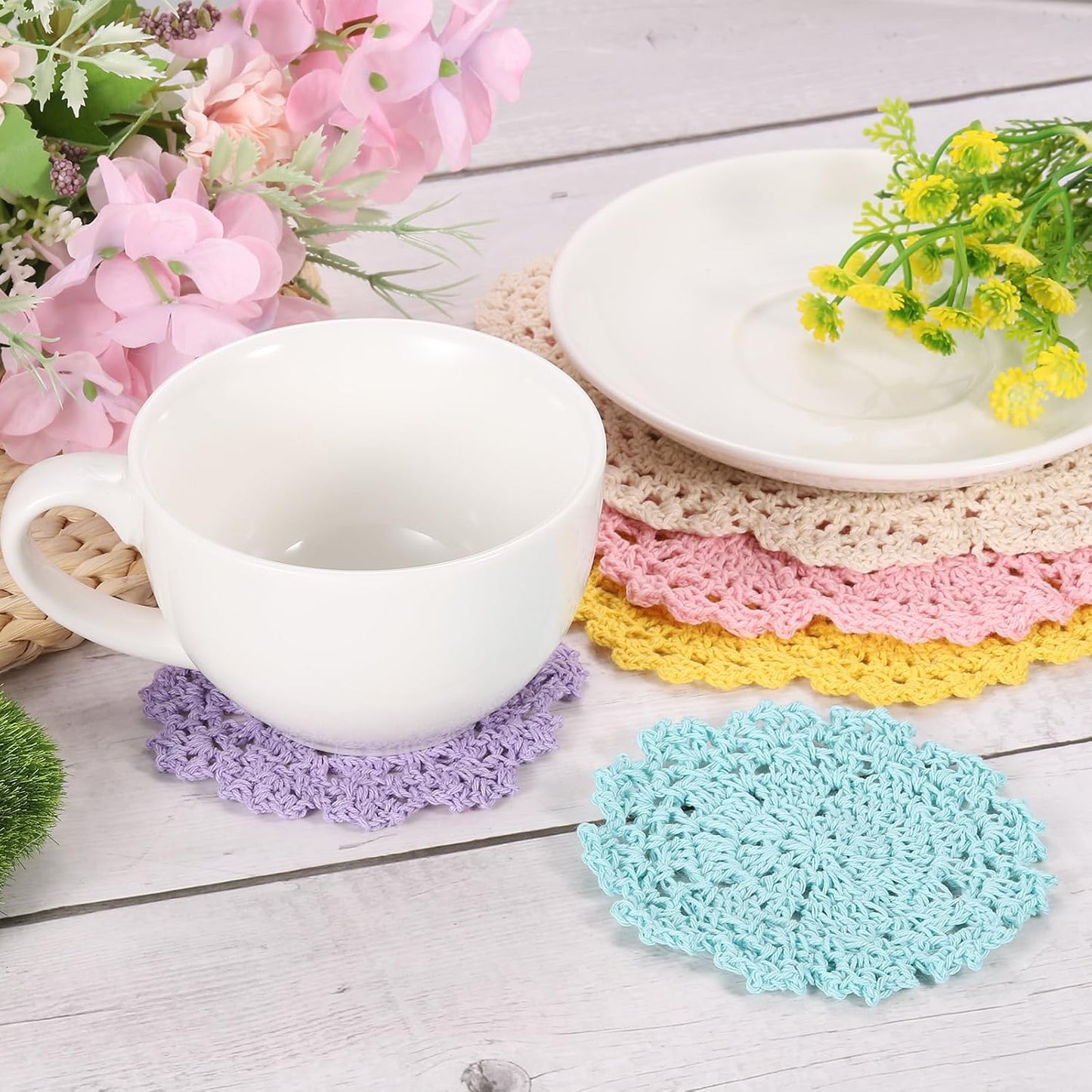 uxcell Crochet Doilies, 4Pcs 4" - Cotton Woven Fabric Coasters, Lace Round Handmade Coasters with Floral Pattern for Wedding Party Decoration (Pink)
