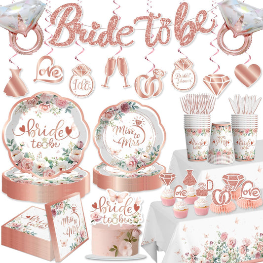191 Pcs Bridal Shower Decorations Bachelorette Party Set Serves 25 - Rose Gold Bride to Be Banner, Tableware, Tablecloth, Cake Toppers - Wedding Shower Supplies