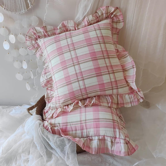 Pink Plaid Throw Pillow Covers, 100% Cotton Ruffle Edge Cushion Covers, Farmhouse Shabby Decorative Chic Pillowcases for Living Room Sofa Bedroom Girls Room, 18x18 Inch Set of 2