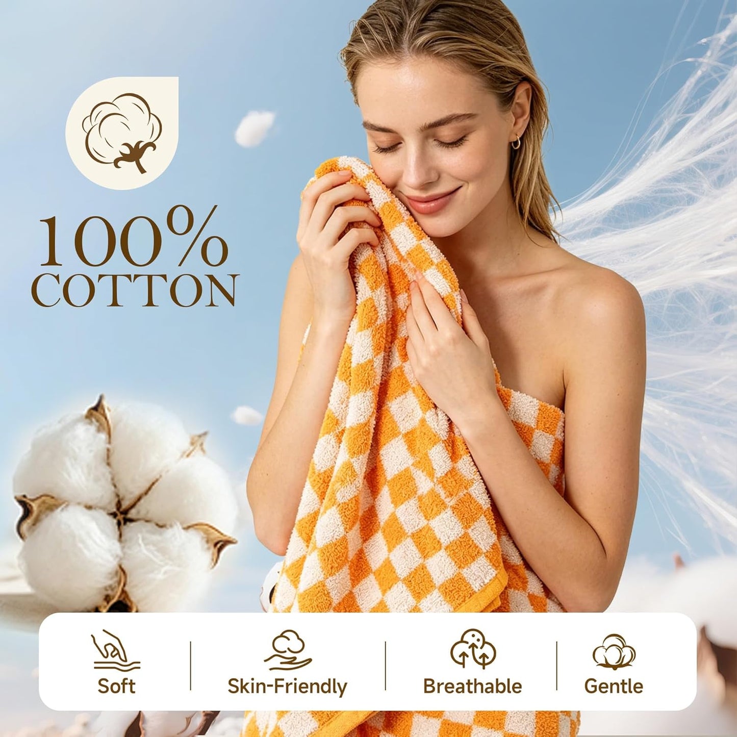 Checkered Bath Towels Set of 3, 100% Cotton Bath Towels Large, 600GSM, 55 * 28 in, Luxury Shower Towels for Bathroom, Soft Absorbent Quick-Dry（Orange+Dark Green+Pink）