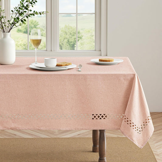 MIULEE Pink Rectangle Linen Polyester Tablecloth with Decorative Cutouts Spring Waterproof Stain Resistant & Shrink-Proof Table Cloth 60x84 inch Farmhouse Style for Dining Wedding and Outdoor
