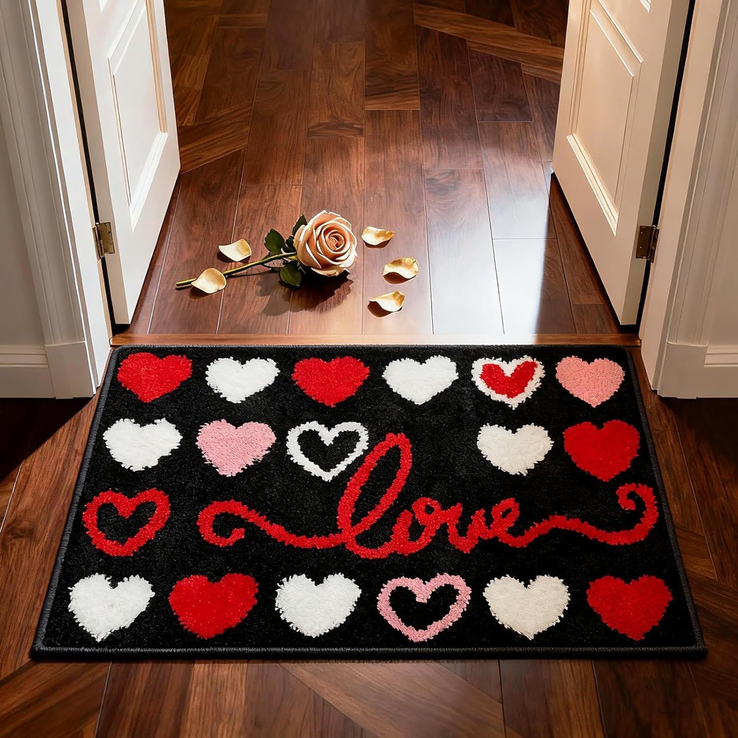 APROPHIC Valentines Bathroom Rugs, Red Pink White Love Heart Valentine Bathroom Tub Mat, Valentine's Day Anniversary Non Slip Absorbent Soft Bath Rug, Festival Door Outdoor Home Decor 20x30 in, Black