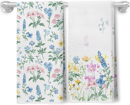 Pastel Pink and Blue Floral Grandmillenial Kitchen Towels, Spring Cottagecore Wildflower Botanical Decorative Dish Hand Tea Towels for Bathroom Kitchen, 16x24 Inch Set of 2