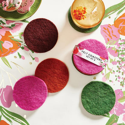 Santa Barbara Design Studio Wool Felt Coasters for Drinks Absorbent Round Moisture Wicking Coaster, Set of 4, Pink/Spice/Maroon/Green