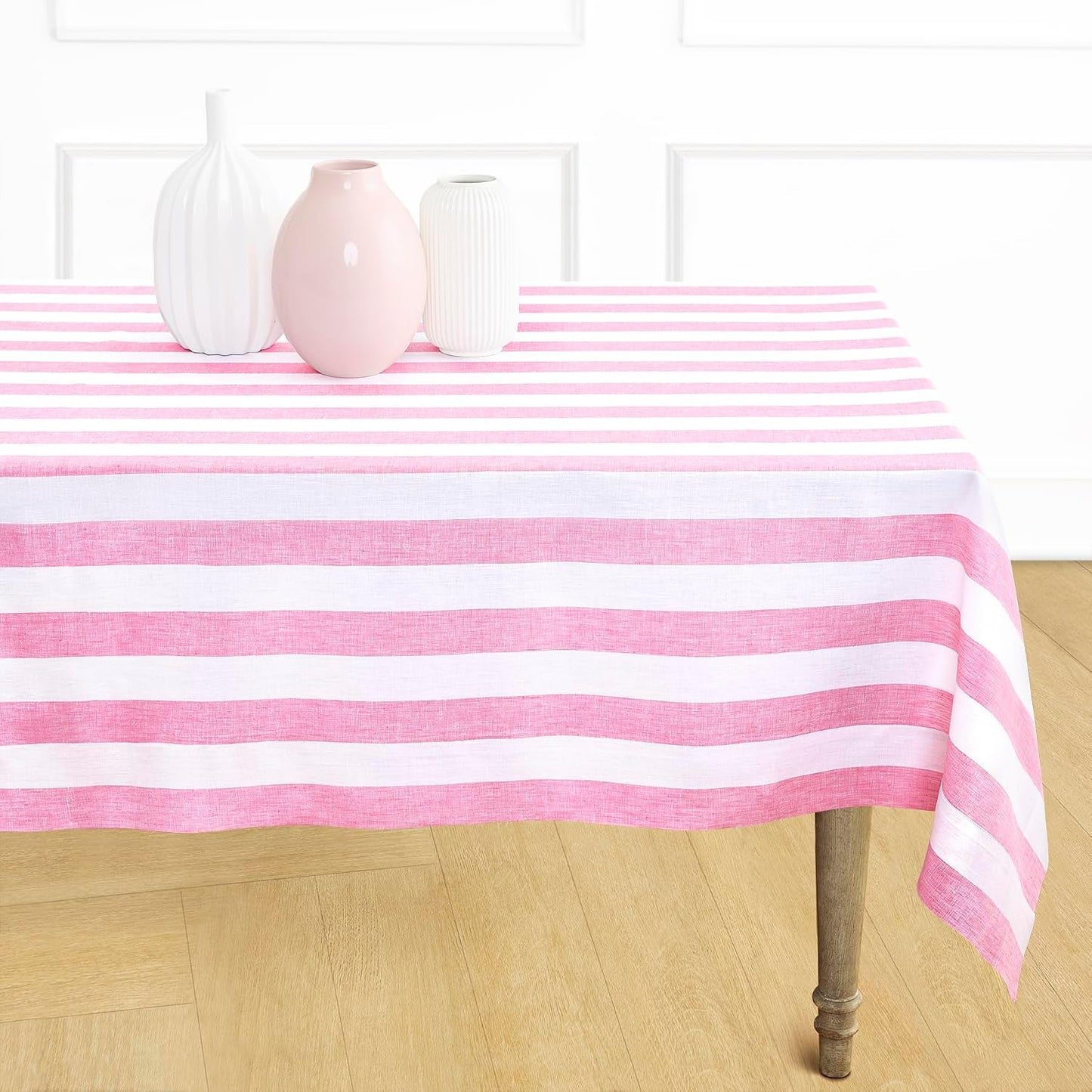 Solino Home Linen Striped Tablecloth 60 x 144 Inch - 100% Pure Linen Pink and White Table Cloth for Rectangle Tables - Cabana Stripe, Machine Washable Tablecloth for Summer