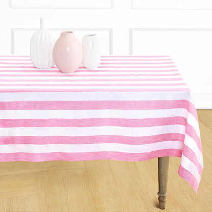 Solino Home Linen Striped Tablecloth 60 x 144 Inch - 100% Pure Linen Pink and White Table Cloth for Rectangle Tables - Cabana Stripe, Machine Washable Tablecloth for Summer