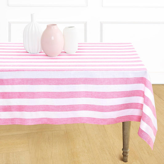 Solino Home Linen Striped Tablecloth 60 x 144 Inch - 100% Pure Linen Pink and White Table Cloth for Rectangle Tables - Cabana Stripe, Machine Washable Tablecloth for Summer