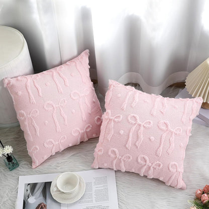 Mixweer Pink Bow Throw Pillow Covers 18x18 Set of 2 Coquette Decorative Pillow Covers Soft Plush Faux Wool Aesthetic Pillowcases Preppy Room Decor for Bed Sofa Couch Living Room