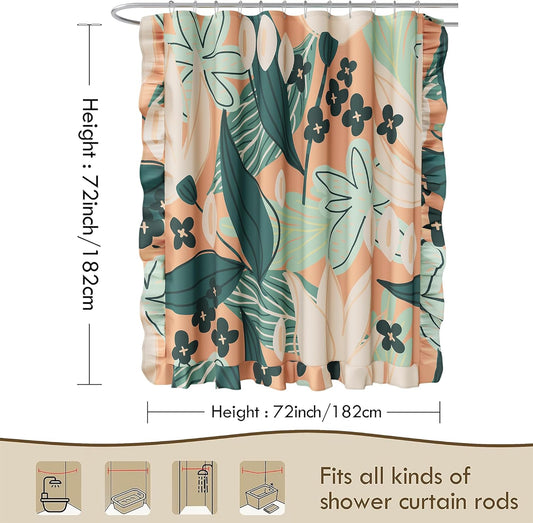 Tyrot Boho Floral Fabric Shower Curtain Set Colorful Abstract Botanical Ruffle Shower Curtains for Bathroom Mid Century Modern Aesthetic Home Decor Waterproof Bath Curtain with Hooks, 72x72, Coral