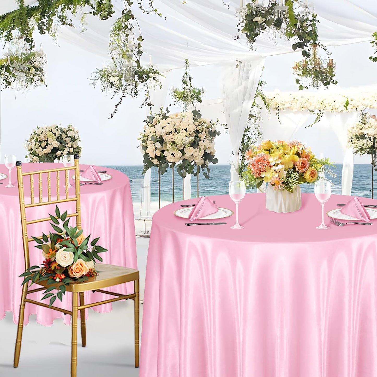 KKJIAF 4 Pack 120 Inch Round Tablecloth Satin Light Pink Tablecloth, Silky Satin Round Table Cover Dining Table Cloth for Wedding, Party, Banquet, Restaurant, Formal Events